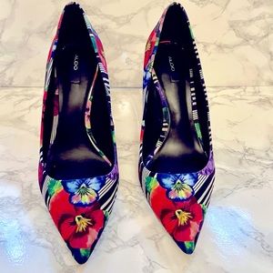 ALDO black & white striped floral pumps